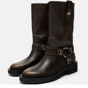 Zara Brown Distress Biker Boot Size 38 / 7.5